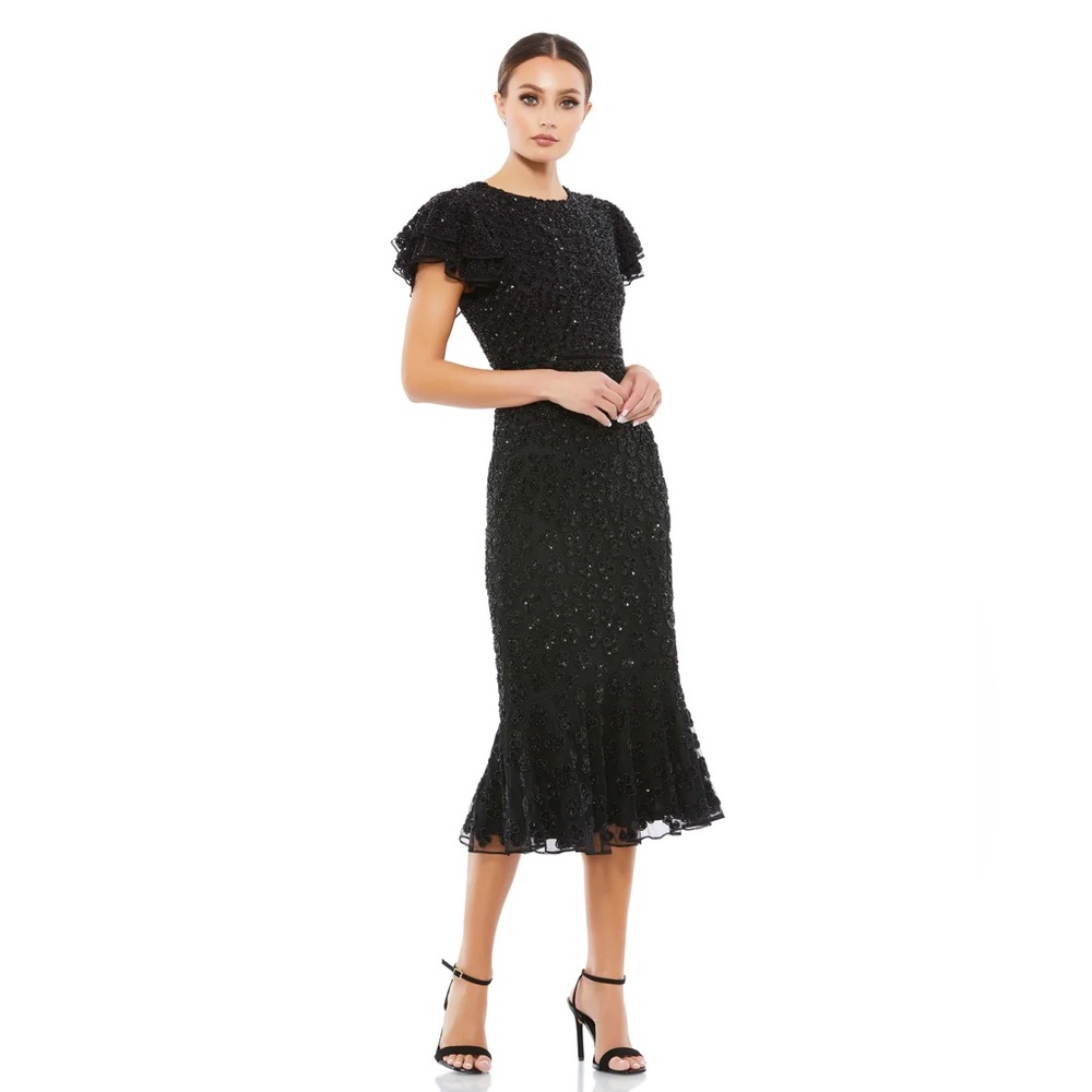 Mac Duggal 10771 Flounce Sleeve Floral Beaded Midi Dress Black- size 4 NwT